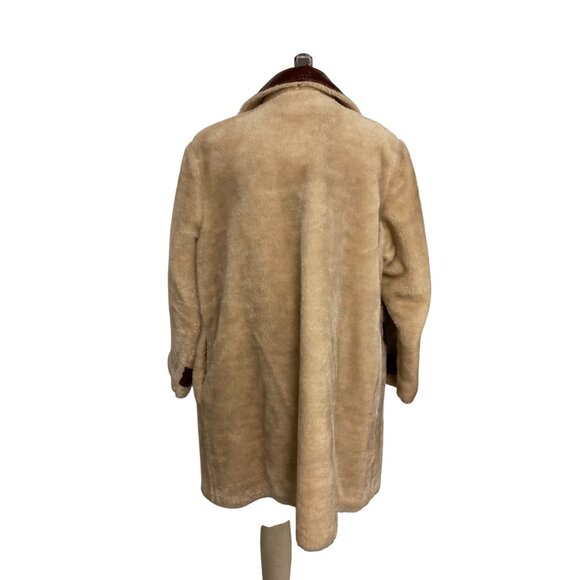 Vintage Fingerhut Fashions Faux Fur Coat Size 18 Brown Leather Trim Beige - Picture 2 of 8